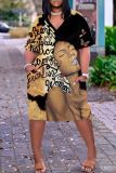 Casual Figure Print Basic V Neck Short Sleeve Pockets Plus Size T-shirt Midi Dresses