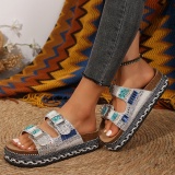 Casual Rhinestone Decor Retro Hot Drilling Thick-Bottomed Sandals With Double Buckle Straps