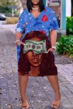 Casual Figure Print Basic V Neck Short Sleeve Pockets Plus Size T-shirt Midi Dresses