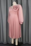 Formal V Neck Lantern Sleeve Flower Decor Cinch Waist A Line Party Pleated Midi Dress