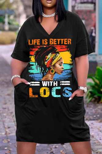 Casual Graphics Print V Neck Short Sleeve Pockets Plus Size T-shirt Midi Dresses