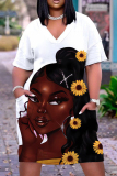 Casual Figure Print Basic V Neck Short Sleeve Pockets Plus Size T-shirt Midi Dresses