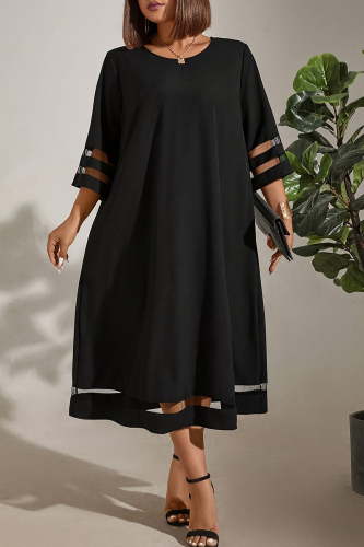 Casual O Neck Three Quarter Lace Hem Plus Size A Line Formal Party Evening Vacation Loose Straight Midi Dress