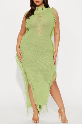 Sexy Turtleneck Sleeveless Fringed Trim Ripped Irregular Hem Vacation Beach Knitted Midi Dresses