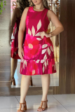 Celebrities Floral Print O Neck Sleeveless Pleated Hem Straight Formal Office Lady Tank Midi Dresses