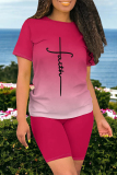 Casual Ombre Print O Neck Short Sleeve Oversize T-shirt And Shorts Two Pieces Shorts Sets