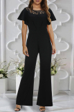 Casual Flutter Sleeve O Neck Lace Trim Zipper Formal Office Lady Loose Flare Leg Jumpsuits