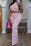 Casual Print O Neck Sleeveless Tank Crop Tops And Wide Leg Pants Vacation Palazzo Pants Sets