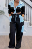 Casual Striped Print Pocket Lace Up Turndown Collar Long Sleeve Crop Shirt And Wide Leg Pants Vacation Two Pieces Trouser Sets