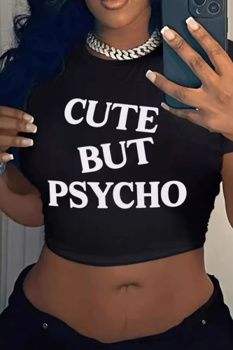 Sexy Letter Print O Neck Short Sleeve Slim Fitted Crop T-Shirts