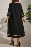 Casual O Neck Three Quarter Lace Hem Plus Size A Line Formal Party Evening Vacation Loose Straight Midi Dress