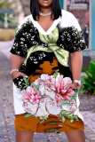 Casual Figure Print Basic V Neck Short Sleeve Pockets Plus Size T-shirt Midi Dresses