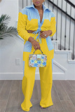 Casual Striped Print Pocket Lace Up Turndown Collar Long Sleeve Crop Shirt And Wide Leg Pants Vacation Two Pieces Trouser Sets