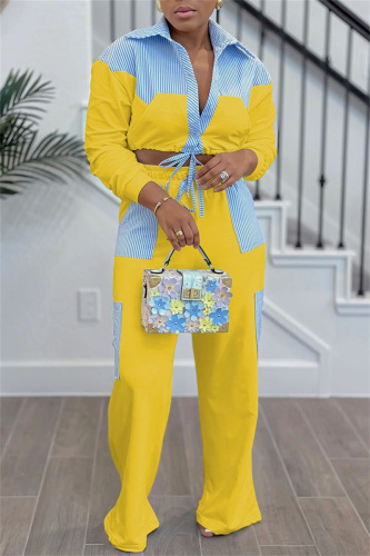Casual Striped Print Pocket Lace Up Turndown Collar Long Sleeve Crop Shirt And Wide Leg Pants Vacation Two Pieces Trouser Sets