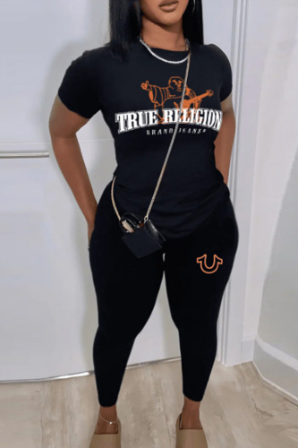 Sportwear Casual Letter Print O Neck Short Sleeve Slim Fitted T-Shirts And Pants Two Pieces Trouser Sets