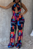 Sexy Colorblock Print Halter Crossover O-ring Hollow Out Vacation Wide Leg Jumpsuits