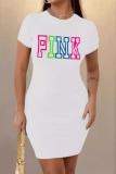 Casual Letter Print Basic O Neck Short Sleeve  Bodycon Midi T-shirt Dresses