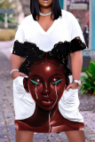 Casual Figure Print Basic V Neck Short Sleeve Pockets Plus Size T-shirt Midi Dresses