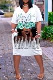 Casual Figure Print Basic V Neck Short Sleeve Pockets Plus Size T-shirt Midi Dresses