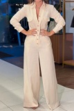 Formal Turndown Collar Long Sleeve Pocket Office Lady Wide Leg Shirt Jumpsuits