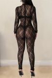 Sexy Lace Flower Print O Neck Long Sleeve See-Through Evening Bodycon Jumpsuits