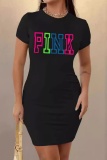 Casual Letter Print Basic O Neck Short Sleeve  Bodycon Midi T-shirt Dresses