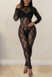 Sexy Lace Flower Print O Neck Long Sleeve See-Through Evening Bodycon Jumpsuits