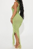 Sexy Turtleneck Sleeveless Fringed Trim Ripped Irregular Hem Vacation Beach Knitted Midi Dresses
