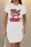 Casual Cartoon Print O Neck Short Sleeve  Bodycon Midi T-shirt Dresses