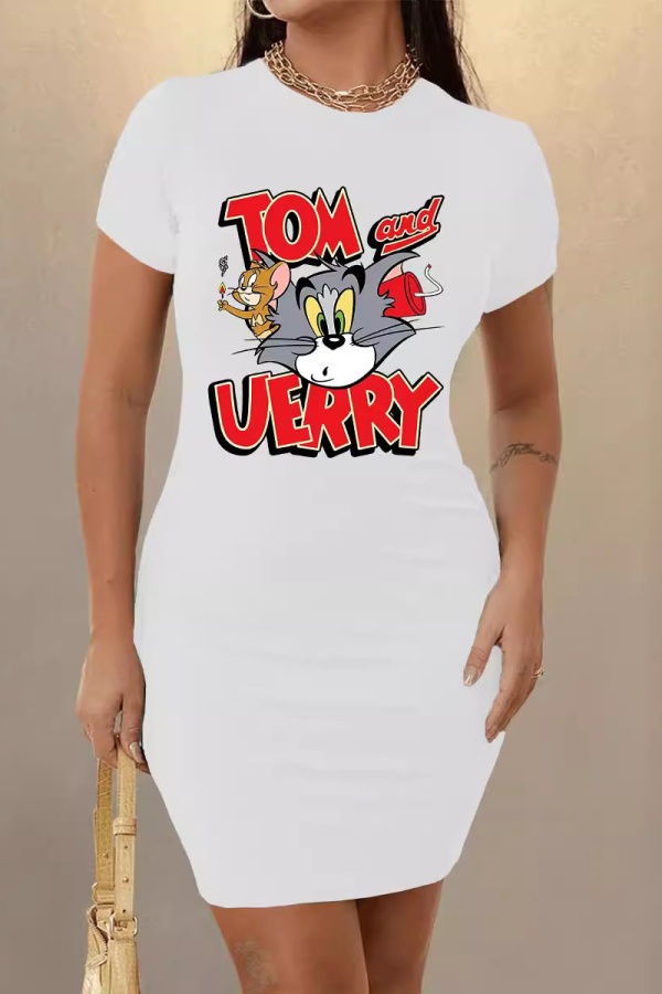 Casual Cartoon Print O Neck Short Sleeve  Bodycon Midi T-shirt Dresses
