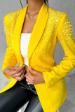 Casual Beading Hot Drill Decor Turn-back Collar Long Sleeve Formal Office Lady Blazer Jackets