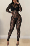 Sexy Lace Flower Print O Neck Long Sleeve See-Through Evening Bodycon Jumpsuits