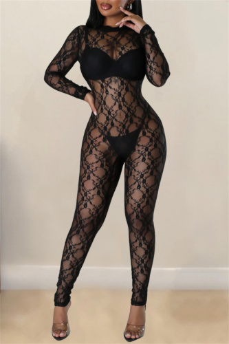 Sexy Lace Flower Print O Neck Long Sleeve See-Through Evening Bodycon Jumpsuits