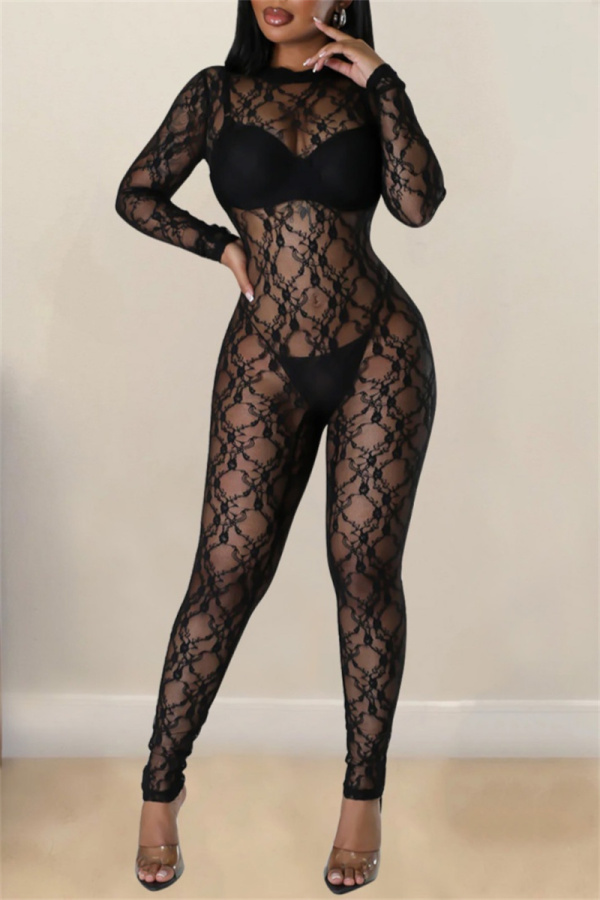 Sexy Lace Flower Print O Neck Long Sleeve See-Through Evening Bodycon Jumpsuits