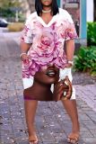 Casual Figure Print Basic V Neck Short Sleeve Pockets Plus Size T-shirt Midi Dresses