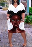 Casual Figure Print Basic V Neck Short Sleeve Pockets Plus Size T-shirt Midi Dresses
