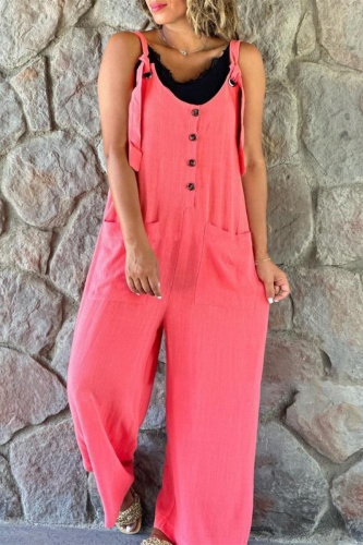 Casual Backless Spaghetti Strap Pocket Vacation Wide Leg Overall Jumpsuits