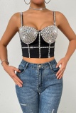 Sexy Nightclub Hot Rhinestone Backless Spaghetti Strap Sleeveless Slim Fitted Crop Tops