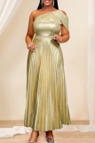Sexy Backless Sleeveless Oblique Collar Cinch Waist Formal Party Evening Pleated Maxi Dress
