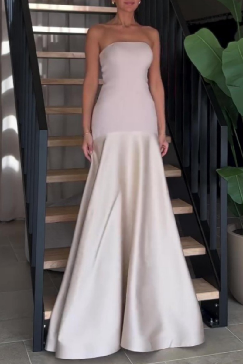 Exquisite And Simple Strapless Tube Top Slit Floor-Length Banquet Maxi Dress