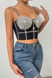 Sexy Nightclub Hot Rhinestone Backless Spaghetti Strap Sleeveless Slim Fitted Crop Tops