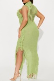 Sexy Turtleneck Sleeveless Fringed Trim Ripped Irregular Hem Vacation Beach Knitted Midi Dresses