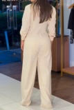 Formal Turndown Collar Long Sleeve Pocket Office Lady Wide Leg Shirt Jumpsuits