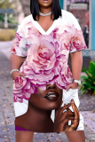 Casual Figure Print Basic V Neck Short Sleeve Pockets Plus Size T-shirt Midi Dresses