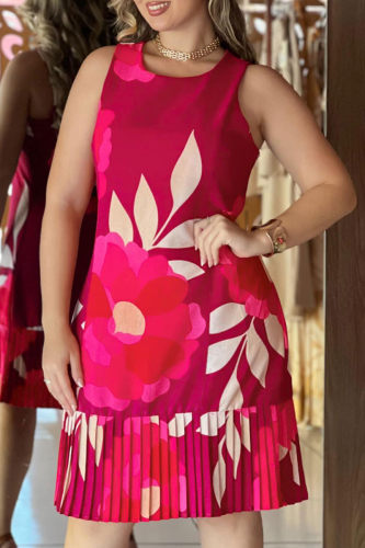 Celebrities Floral Print O Neck Sleeveless Pleated Hem Straight Formal Office Lady Tank Midi Dresses