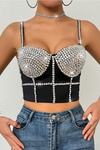 Sexy Nightclub Hot Rhinestone Backless Spaghetti Strap Sleeveless Slim Fitted Crop Tops