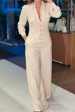 Formal Turndown Collar Long Sleeve Pocket Office Lady Wide Leg Shirt Jumpsuits