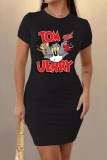 Casual Cartoon Print O Neck Short Sleeve  Bodycon Midi T-shirt Dresses