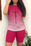 Casual Ombre Print O Neck Short Sleeve Oversize T-shirt And Shorts Two Pieces Shorts Sets