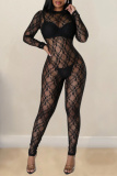 Sexy Lace Flower Print O Neck Long Sleeve See-Through Evening Bodycon Jumpsuits